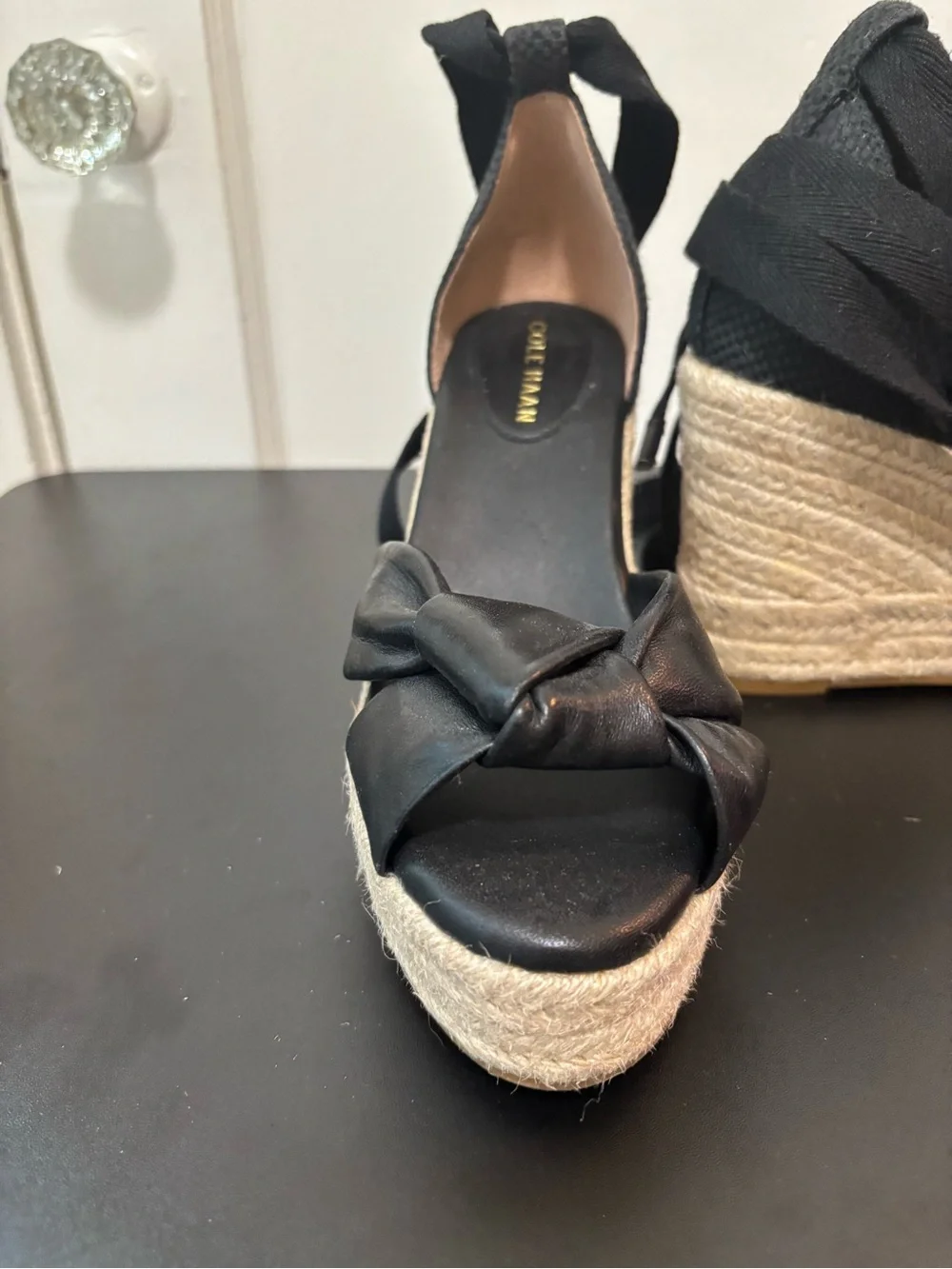 Cole Haan Black Leather Espadrille Wedge Sandals with Ankle Wrap — Worn One Time